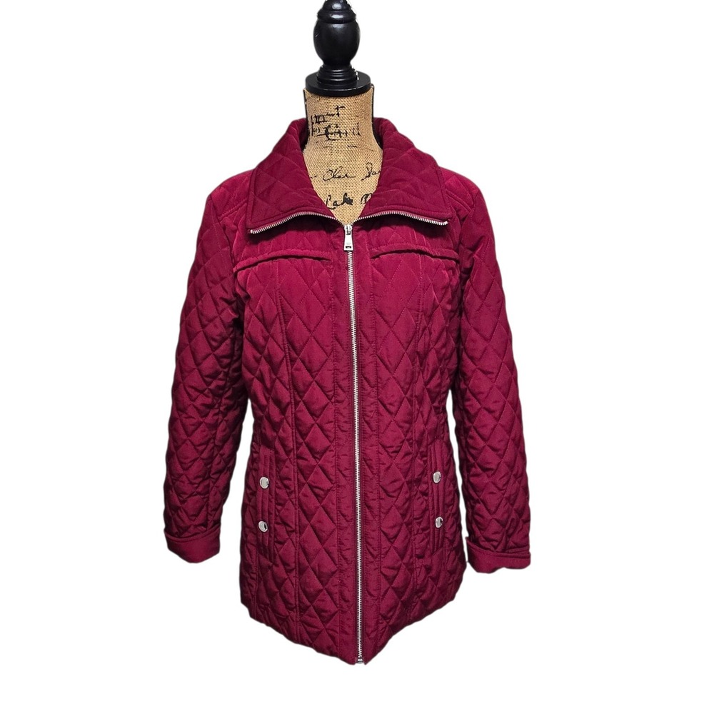 London Fog Women's L Diamond Quilted Jacket Maroon Full Zip EUC